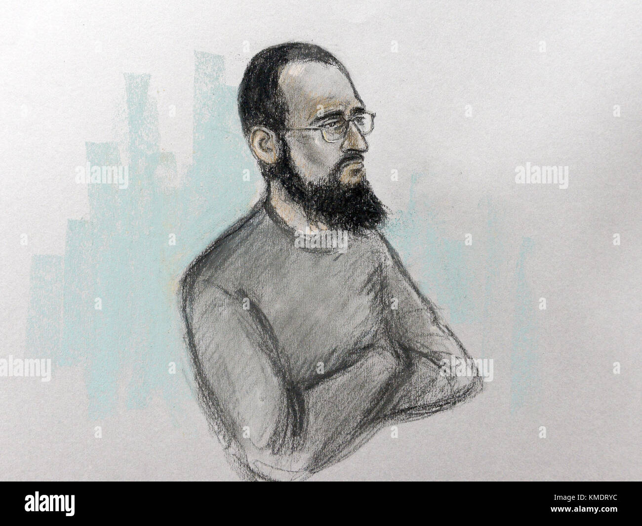 Cour croquis d'artiste par Elizabeth Cook de Husnain Rashid dans le dock à Westminster Magistrates' Court de Londres, où il est apparu accusé d'aider les terroristes préparent les attaques, notamment par le partage d'une photo de Prince George et son adresse de l'école sur les médias sociaux. Banque D'Images