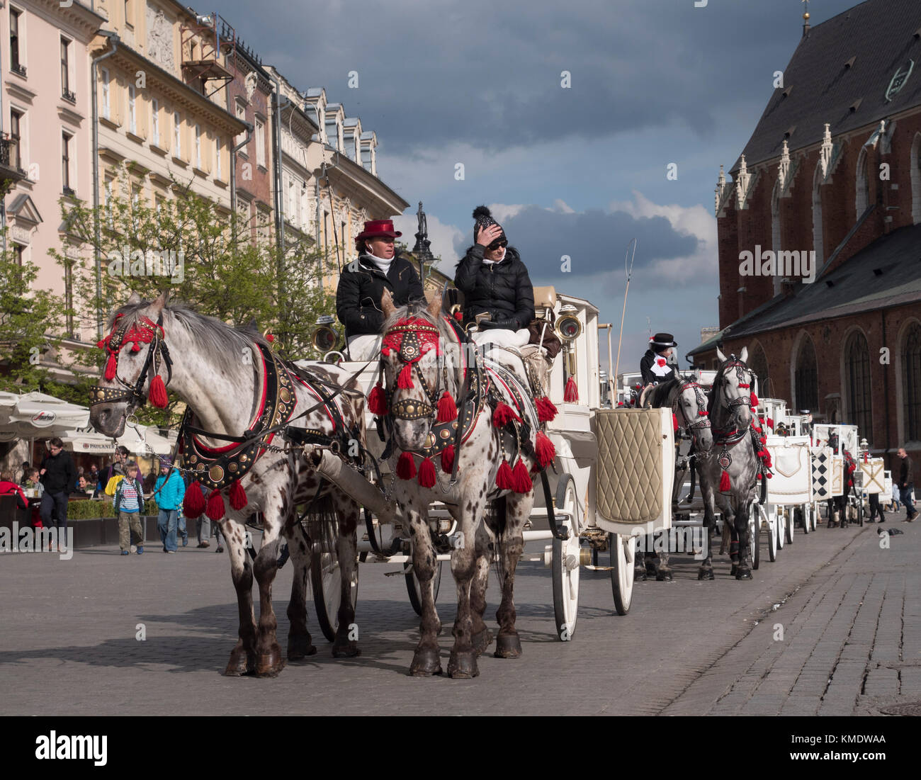 Transport de chevaux et aux touristes des visites guidées à Rynek, Cracovie, Pologne, Europe. Banque D'Images