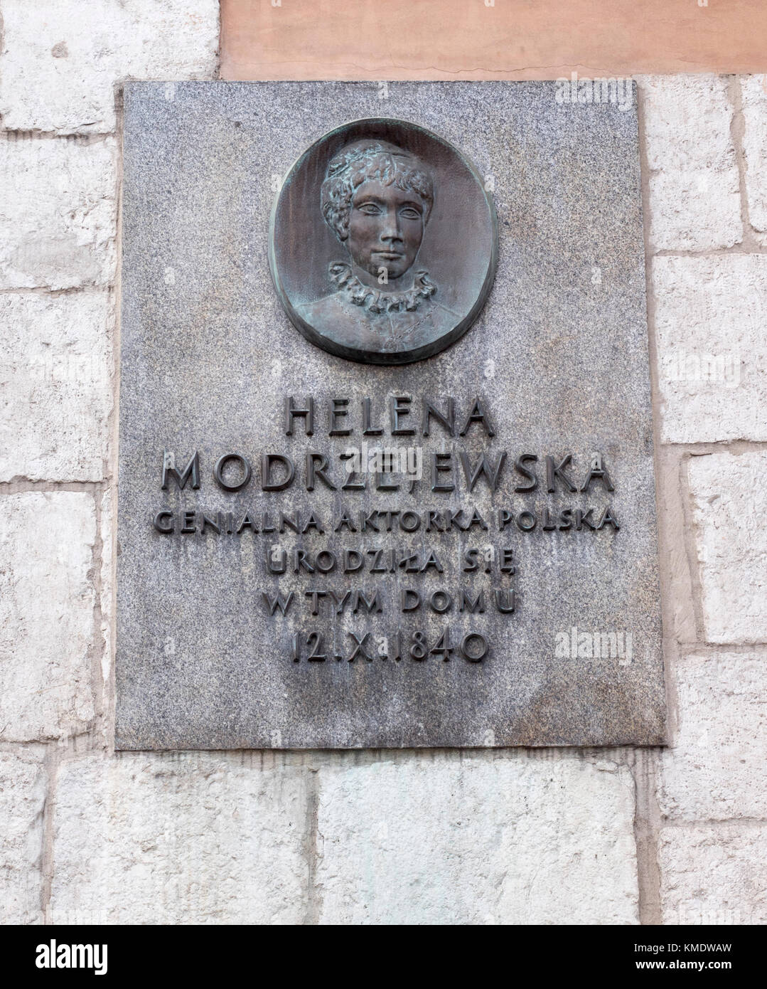 Plaque du patrimoine pour Helena Modrzejewska (nom vrai Jadwiga Helena Misel-Chlapowska) la plus grande actrice polonaise, à ul.Grodzka22, Cracovie, Pologne, Europe, Banque D'Images