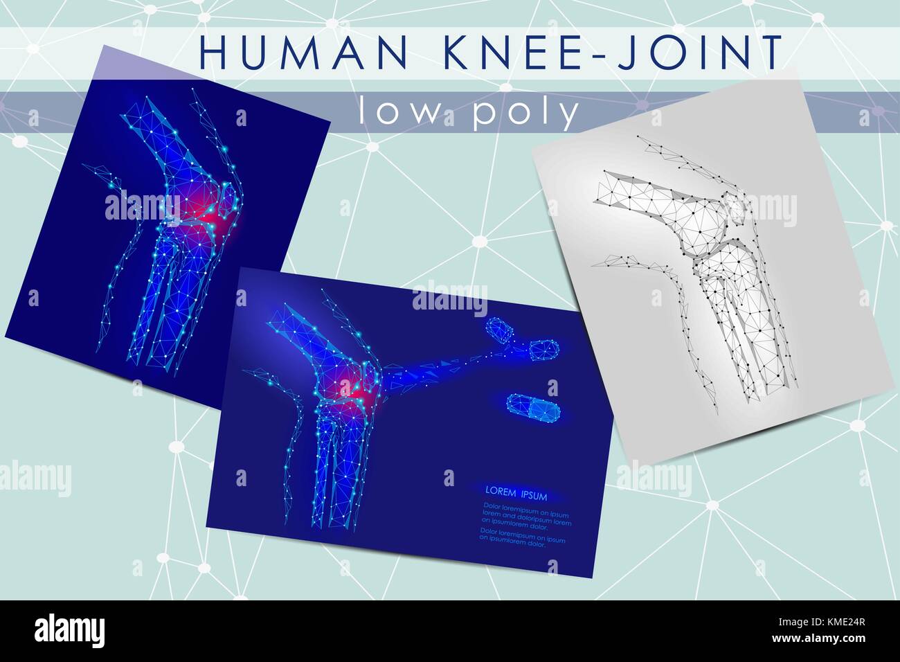Les droits de l'genou low poly medicine science illustration anatomique du genou. Guérir la douleur concept. aider à maintenir l'action sur la santé mécanisme conjoint géométriques polygonales vecteur point line Illustration de Vecteur