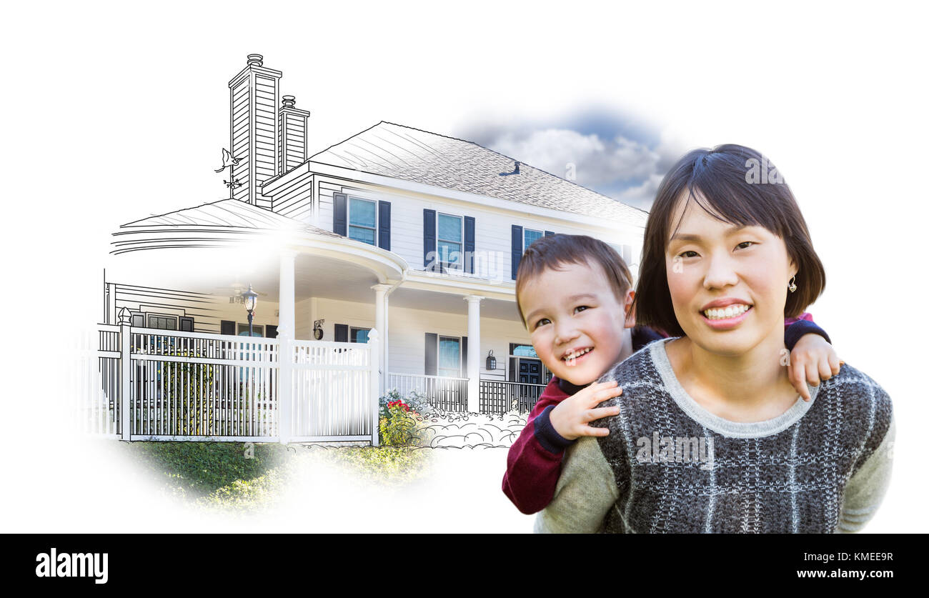 Mère chinoise et race mixte enfant en face de la maison blanche sur le dessin. Banque D'Images
