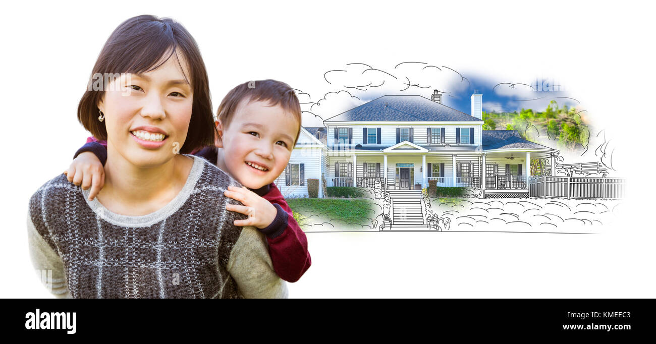 Mère chinoise et race mixte enfant en face de la maison blanche sur le dessin. Banque D'Images