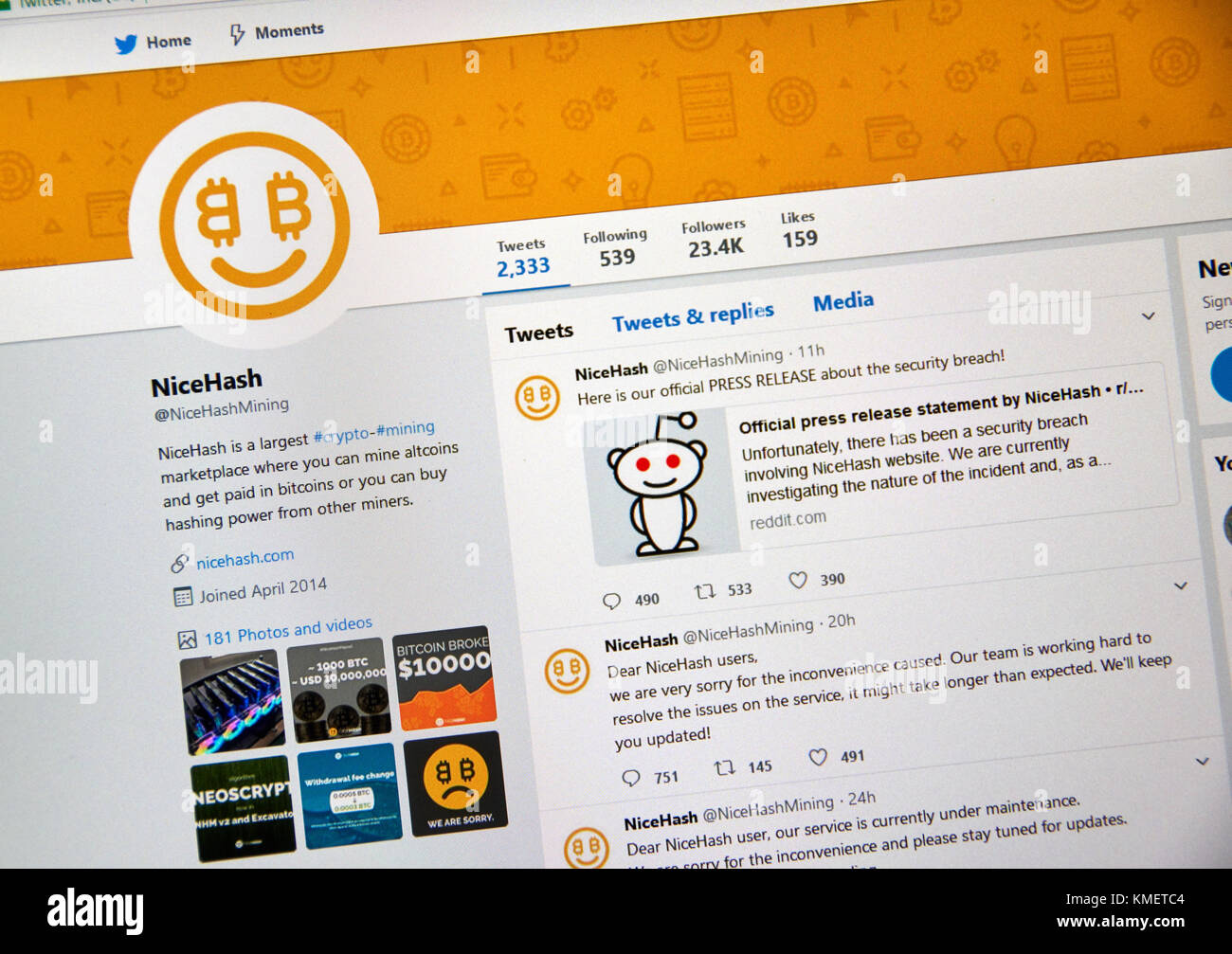 Montréal, Canada - le 7 décembre 2017 : violation de la sécurité communiqué de presse Nicehash sur Twitter. NiceHash est un crypto-marché minier qui relie ventes Banque D'Images