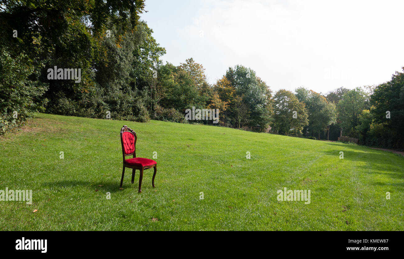 Un fauteuil rouge sur l'herbe verte Banque D'Images