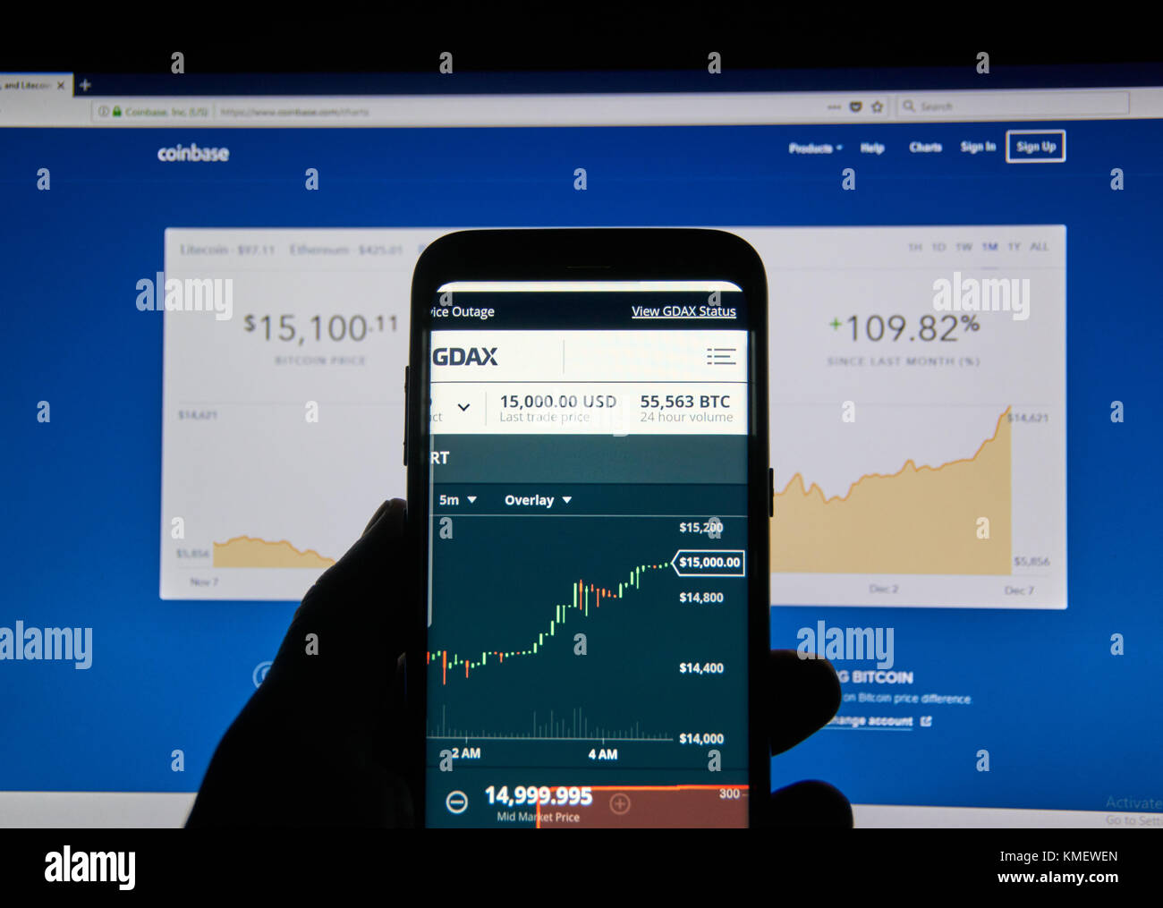 Montréal, Canada - le 7 décembre 2017 : USD prix Bitcoin sur GDAX Coinbase app android. GDAX est une plateforme de trading et un service fourni par Coinbase, dans Banque D'Images