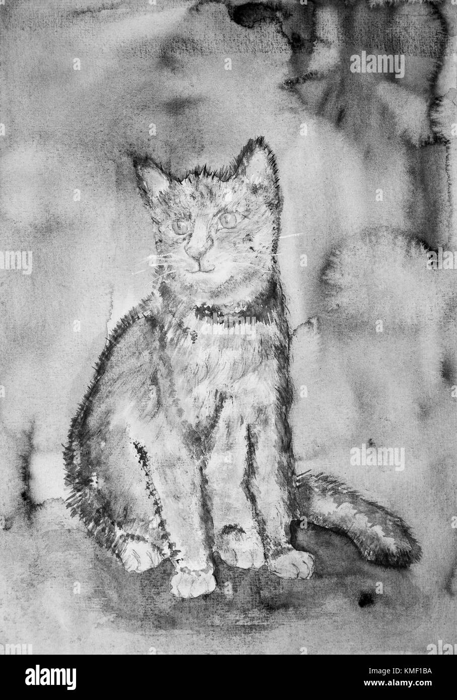 Chaton en noir et blanc avec un arrière-plan. La touche technique donne un effet de flou en raison de la modification de la rugosité de surface du papier. Banque D'Images