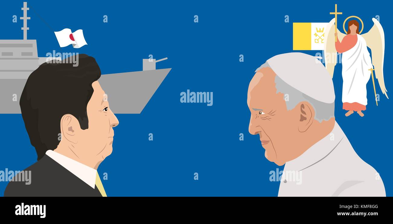 07.12.2018 Editorial illustration du premier ministre japonais Shinzo Abe et le pape francisco sur fond bleu avec les forces Illustration de Vecteur