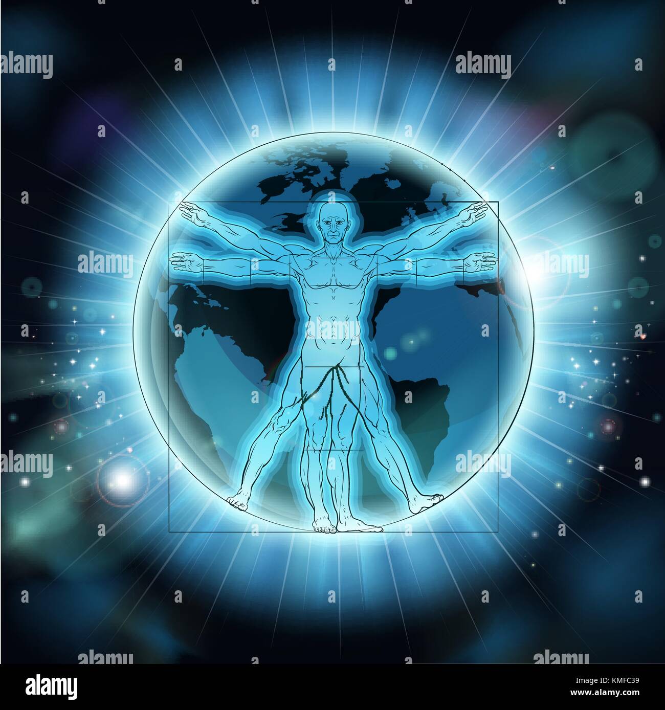 Vitruvian Man Earth World Globe fond Illustration de Vecteur