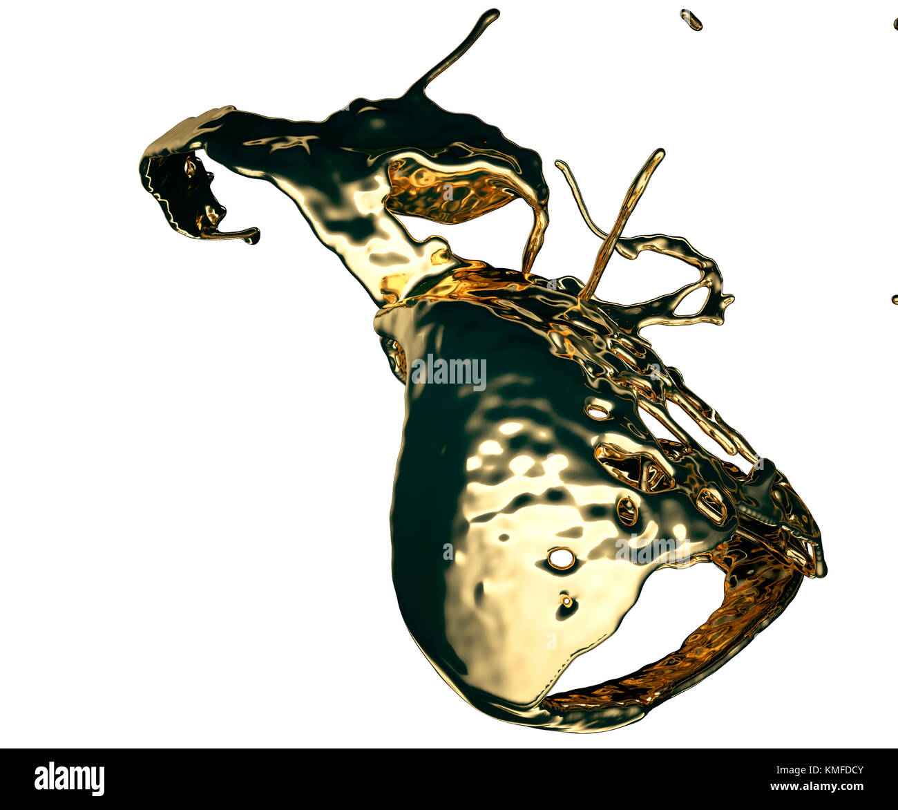 Éclaboussures et éclaboussures d'or liquide ou d'huile isolées sur blanc. rendu 3d, illustration 3d. Banque D'Images