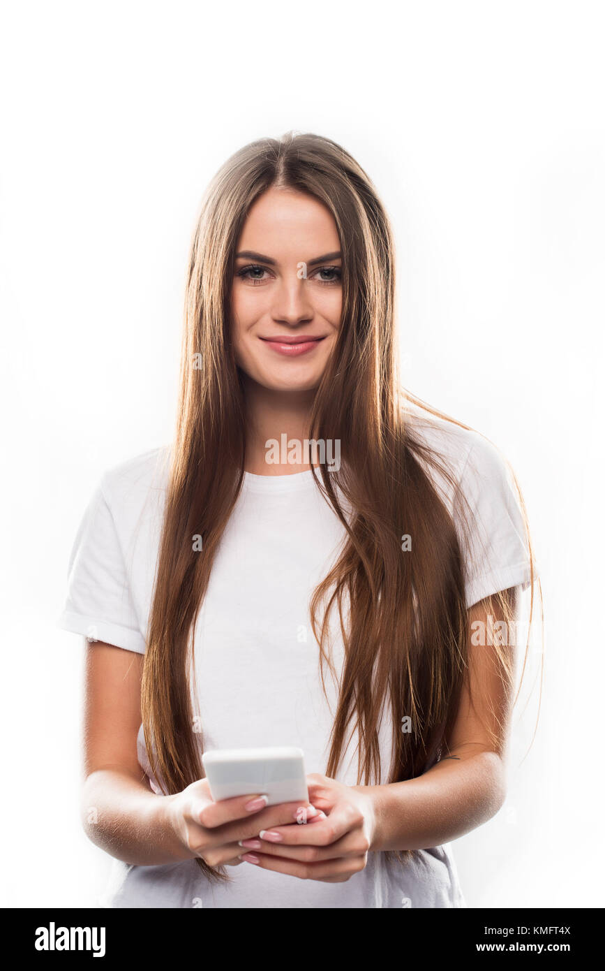Girl holding smartphone Banque D'Images