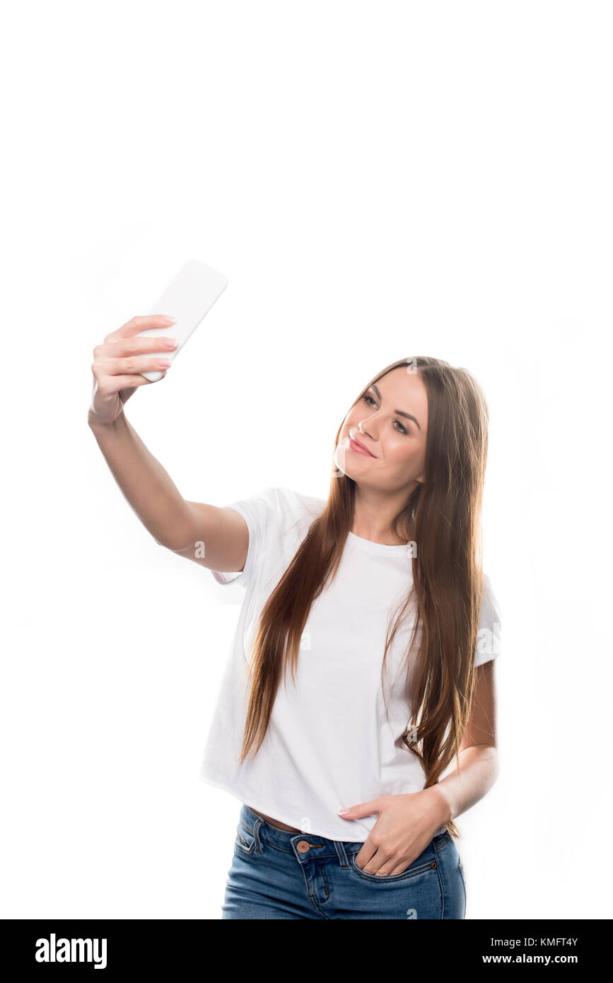 Girl taking smartphone avec selfies Banque D'Images