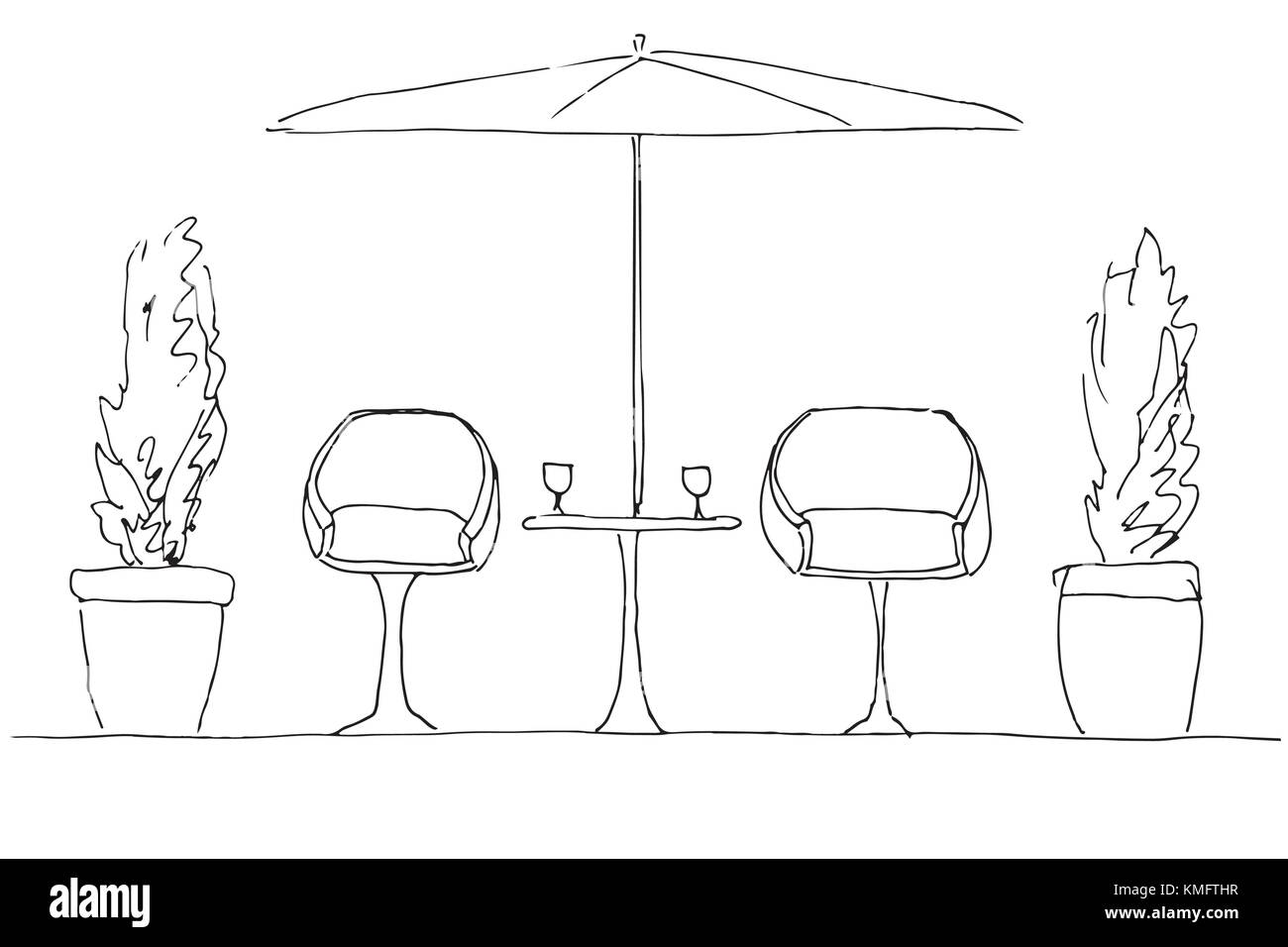 Deux fauteuils et une table. Grand Parapluie pliant. hand drawn vector illustration Illustration de Vecteur