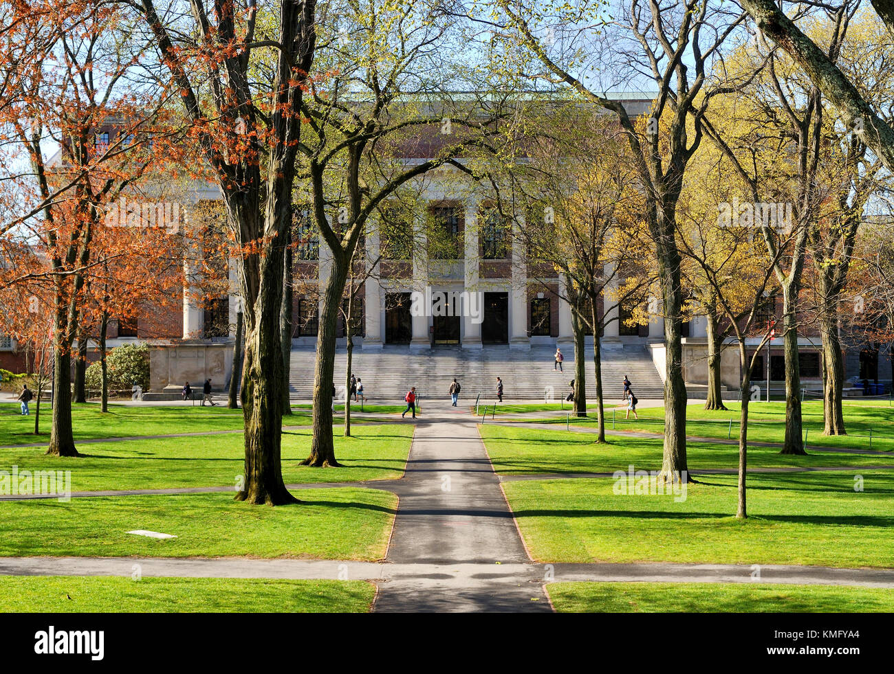 L'université de Harvard. College campus et de la bibliothèque au début du printemps, les gens marcher par en arrière-plan. Banque D'Images