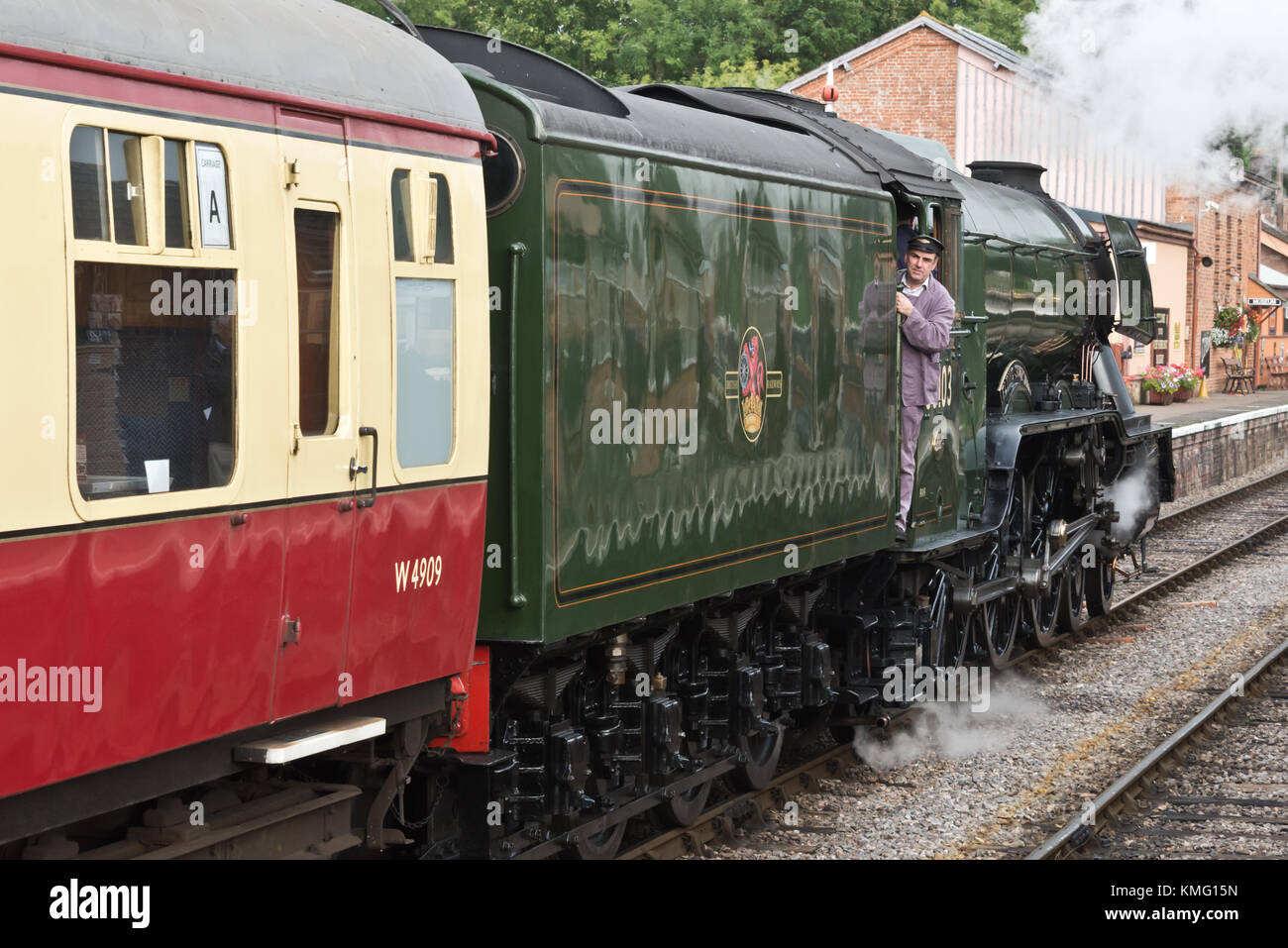 60103 Flying Scotsman locomotive à vapeur évêques Lydeard Gare arrivant à l'Ouest sur le chemin de fer Someraset (WSR) lors de sa visite en septembre 2017 Banque D'Images