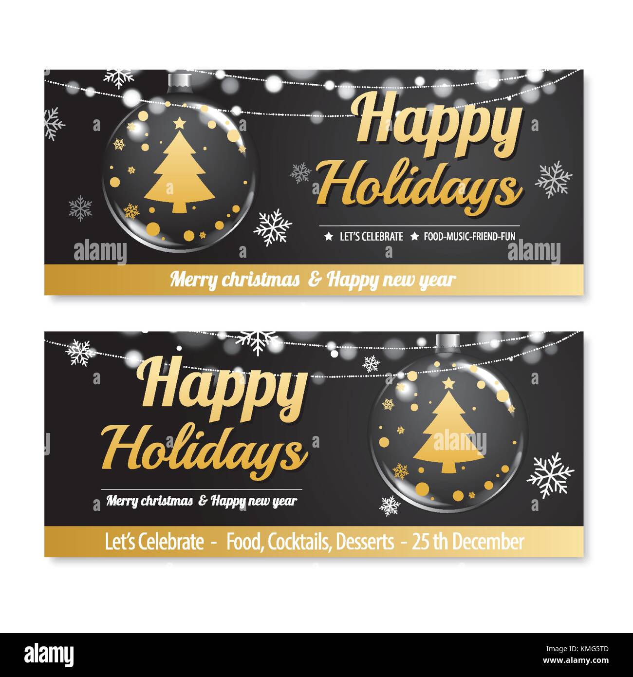 Invitation Joyeux noël poster bannière et modèle de conception de carte sur fond noir. Bonnes vacances et la nouvelle année avec bille de verre pour coupon coupon t Illustration de Vecteur