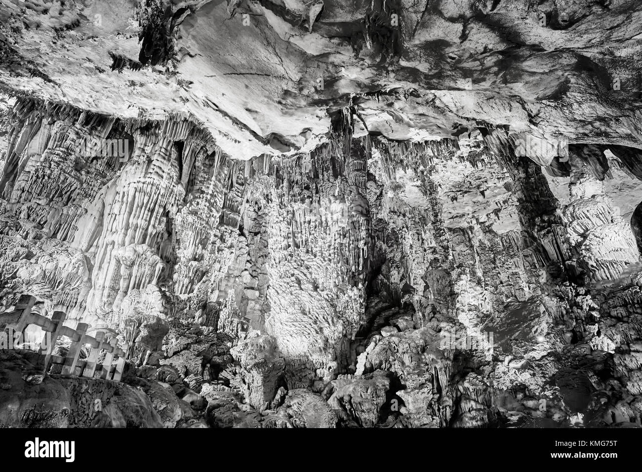 Photo noir et blanc de la Reed Flute Cave, résumé fond naturel, Guilin, Chine. Banque D'Images