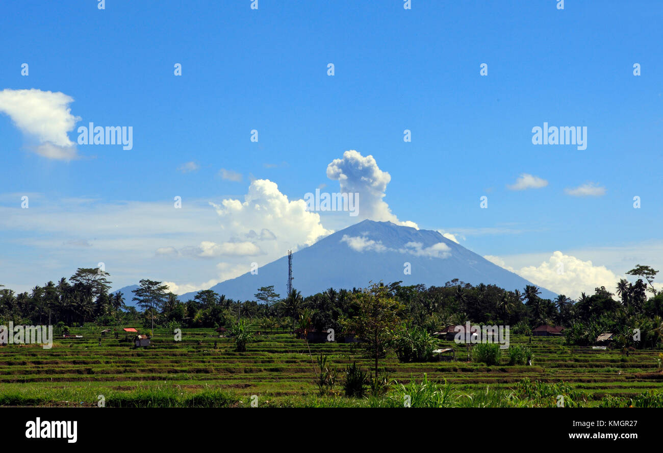 Une petite éruption de la fumée et les cendres provenant des Mt Agung volcan, Bali, Indonésie. Prises à partir de la 80571, un village près de riziculture de Ubud, Bali. 10h30 Jeudi 8 décembre 2017. credit Carol Buchanan. Banque D'Images