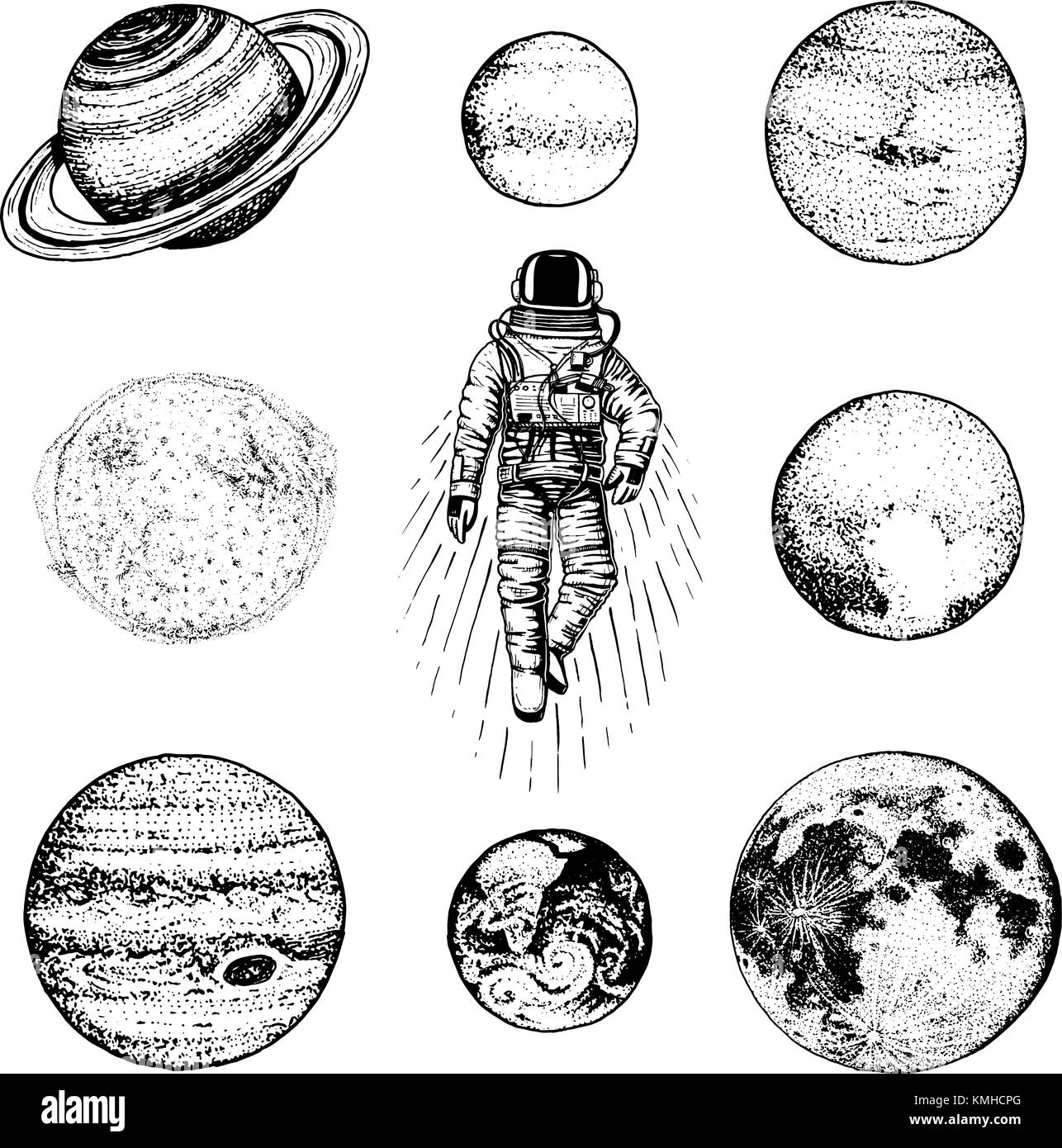 Spaceman astronaute. planètes de système solaire. d'astronomie galaxie espace. cosmonaut explorer aventure. gravés à la main dans de vieux croquis. lune et le soleil et la Terre, Mars et Vénus, Jupiter ou Saturne. Illustration de Vecteur