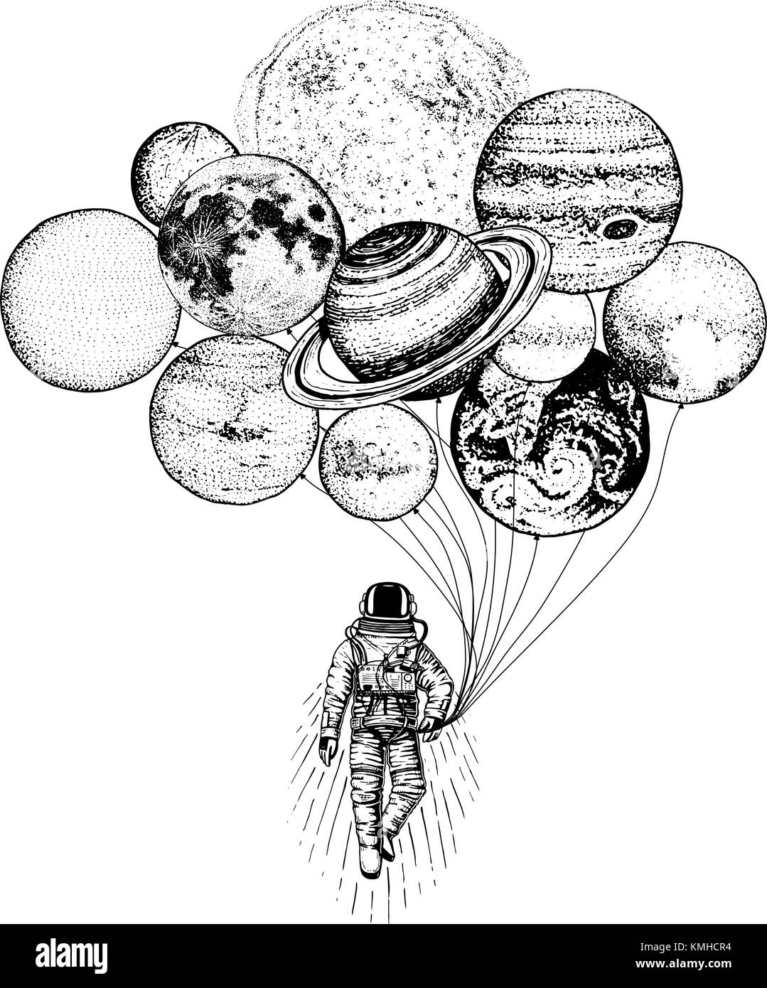 Spaceman astronaute. planètes de système solaire. d'astronomie galaxie espace. cosmonaut explorer aventure. gravés à la main dans de vieux croquis. lune et le soleil et la Terre, Mars et Vénus, des ballons. Illustration de Vecteur