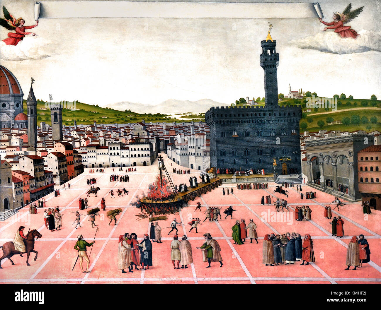 La pendaison et l'incendie de Girolamo Savonarola à Piazza della Signoria à Florence en 1498. 1650 Anonyme Florence Italie ( Fra Bartolomeo Girolamo Savonarola 1452 - 1498, Florence) était un moine dominicain et un apport à la politique de Florence de 1494 jusqu'à son exécution en 1498. Savonarole s'est joint à l'ordre des Dominicains en 1475 et a été envoyé à Florence pour faire la leçon au couvent de San Marco, où il est devenu connu pour son apprentissage et de l'ascétisme. ) Banque D'Images