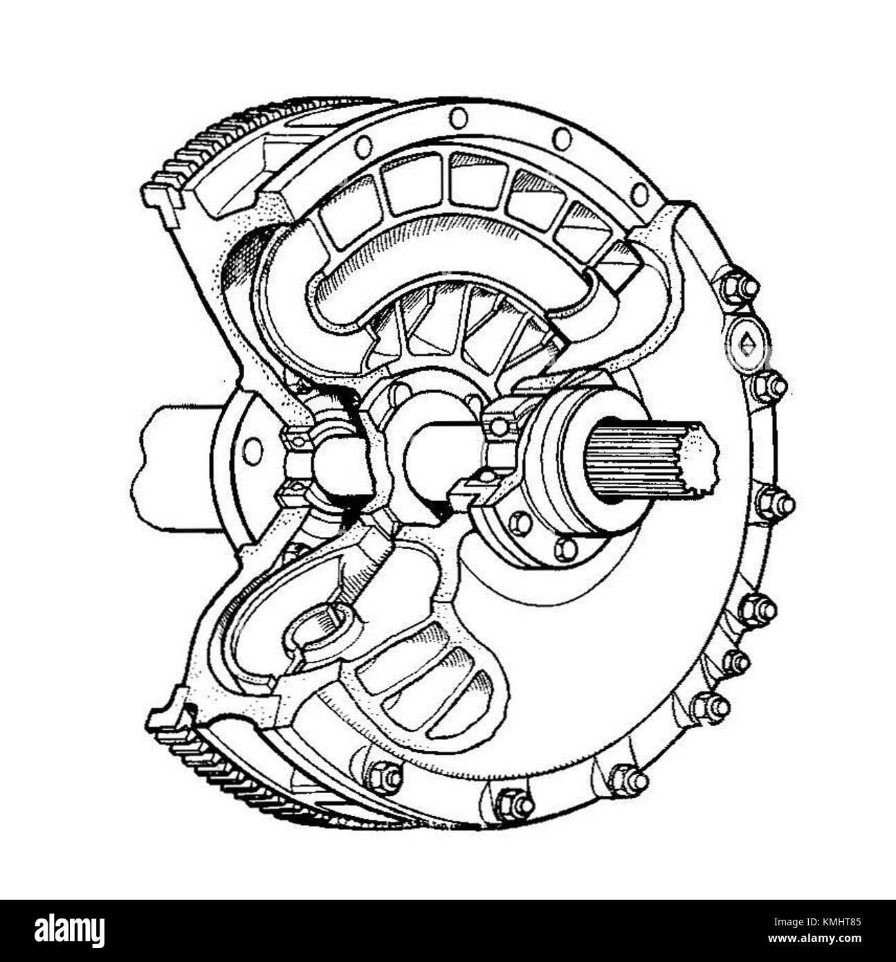 Ce schéma d'un volant d'inertie liquide de l'édition 1935 du manuel de l'autocar montre une section détaillée des composants du volant d'inertie. L'invention concerne un volant d'inertie à fluide utilisé dans les transmissions automobiles pour transmettre le couple par l'intermédiaire d'un fluide hydraulique, améliorant ainsi l'efficacité et les performances des véhicules. Cette section présente la conception technique et la fonctionnalité du mécanisme du volant. Banque D'Images