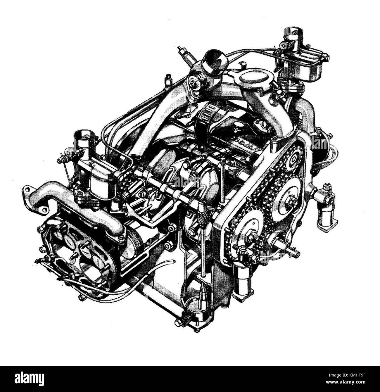 Le Jowett Ten Flat-four Engine, décrit dans la 13e édition de l'autocar Handbook (1935), est un moteur automobile du début du XXe siècle connu pour son innovation technique et sa contribution au développement automobile à cette époque. Banque D'Images