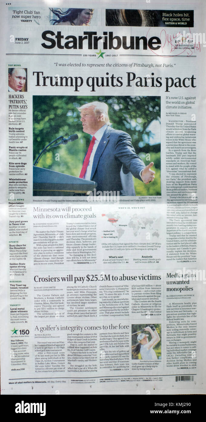 Le journal MPLS Star and Tribune a écrit en première page « Trump quitte le pacte de Paris ». Minneapolis Minnesota MN USA Banque D'Images