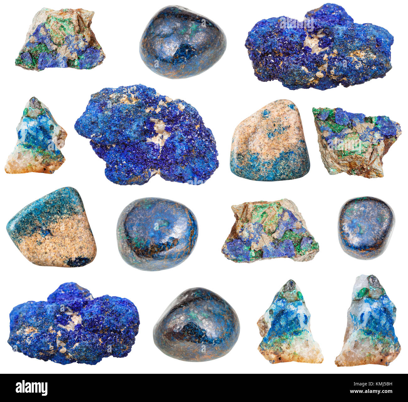 Collection de spécimens de minéraux naturels - divers l'azurite pierres isolé sur fond blanc Banque D'Images