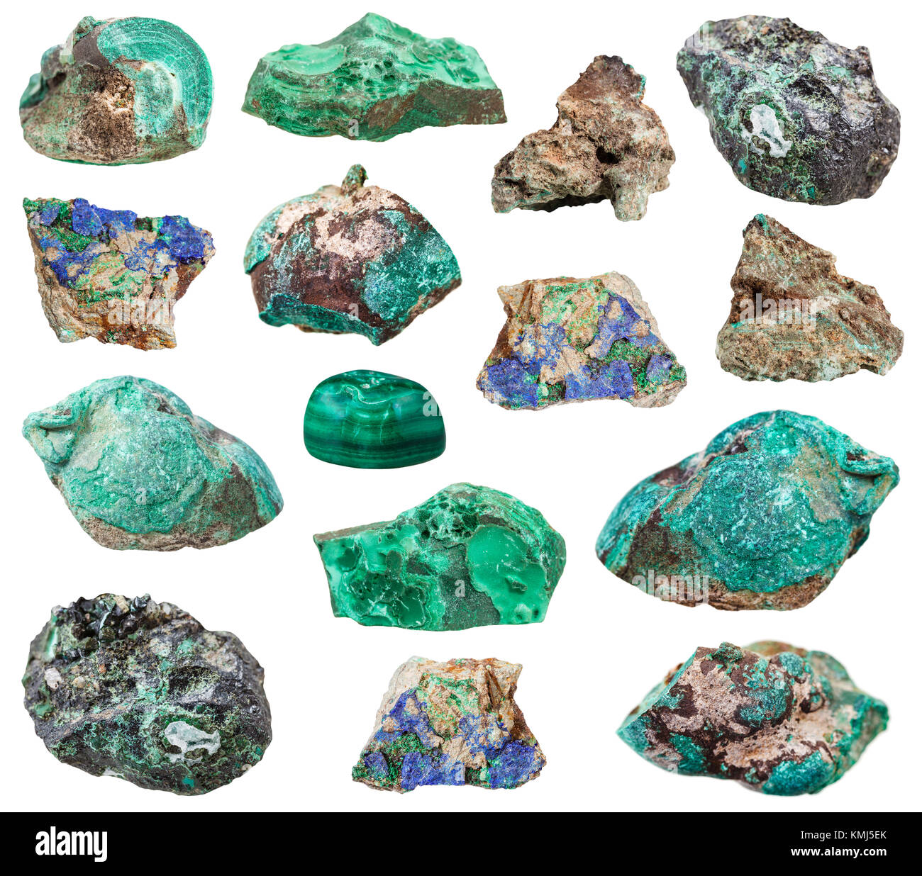 Collection de spécimens de minéraux naturels - différentes pierres Malachite isolé sur fond blanc Banque D'Images