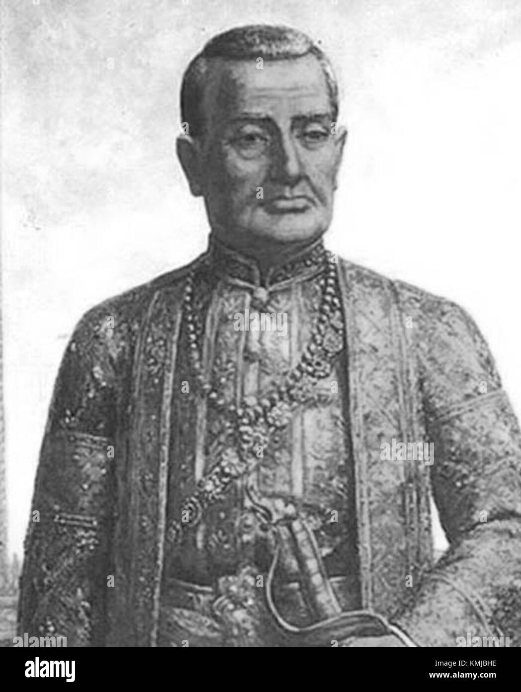 Le portrait du roi Bouddha Yodfa Chulaloke, également connu sous le nom de Rama I, présente une image recadrée en noir et blanc du monarque thaïlandais. Il est reconnu pour avoir fondé la dynastie Chakri et façonné la Thaïlande moderne. Banque D'Images