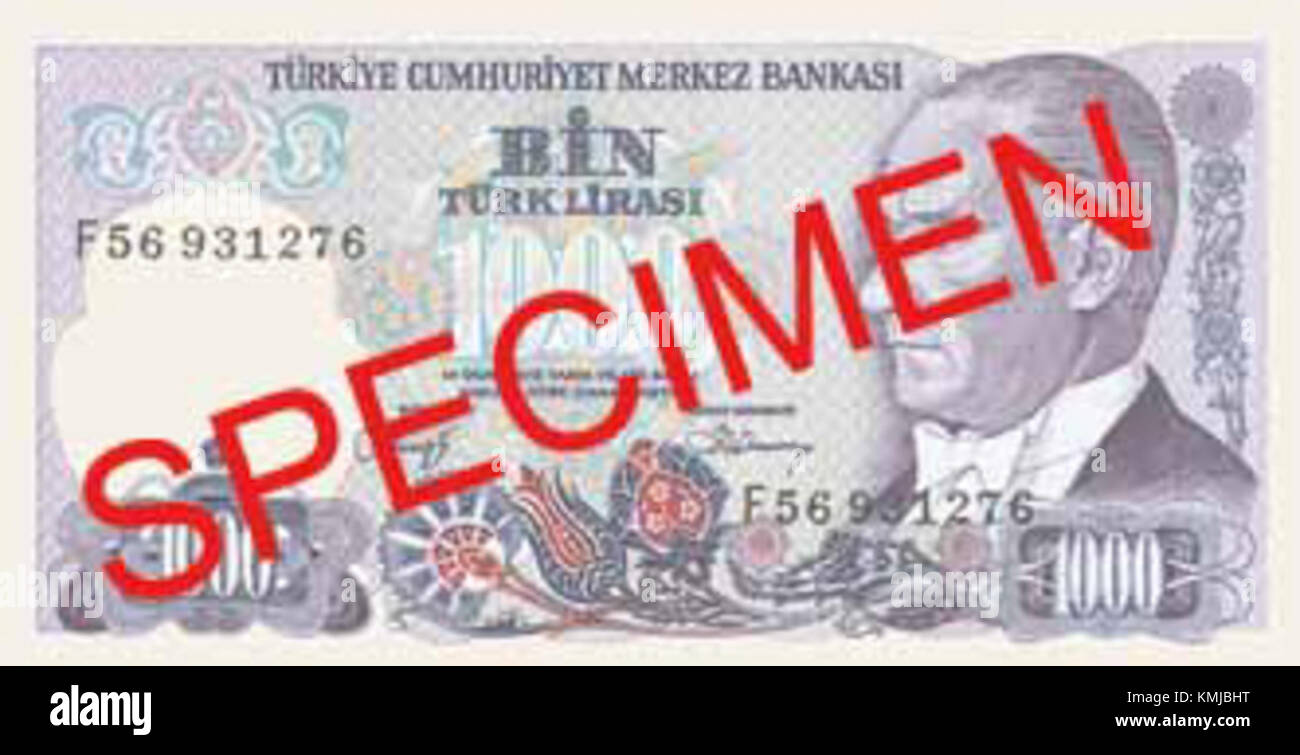 Face avers du billet turc de 1000 lires des années 1990, représentant le portrait de Mustafa Kemal Atatürk, fondateur de la République de Turquie. Banque D'Images