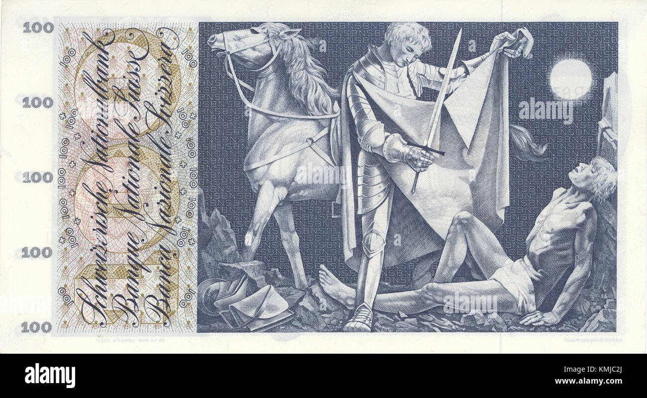 Une référence à un billet de banque franc suisse de CHF100 avec le dessin du verso avec orientation horizontale. Banque D'Images