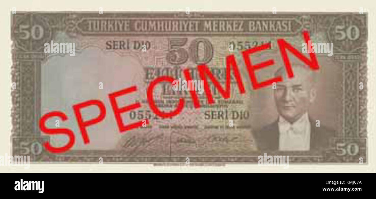 Le terme fait référence à un billet de 50 TL, probablement de Turquie, avec la désignation E-5, se référant à une édition ou une série spécifique de monnaie turque. Cette note présente des éléments historiques et nationaux de l'histoire financière turque. Banque D'Images