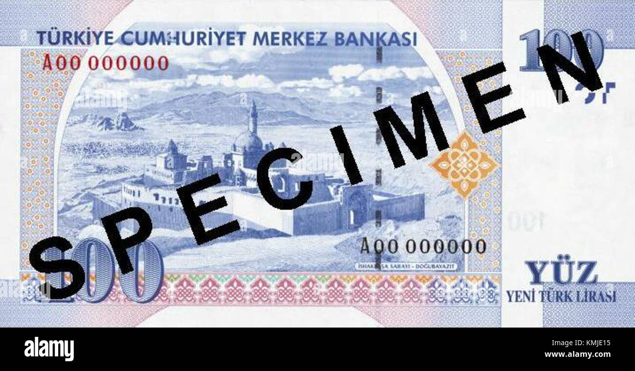 Un billet de 100 YTL (livre turque), mettant en valeur la conception de la monnaie et la période historique de sa circulation. Banque D'Images