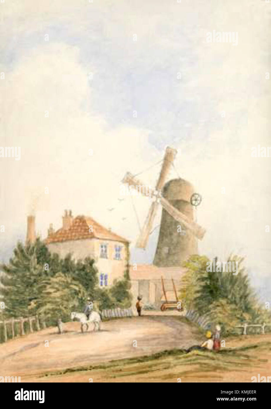 Peinture du moulin à vent de Brixton, situé à Londres, Angleterre, représentant sa structure et ses environs. Banque D'Images