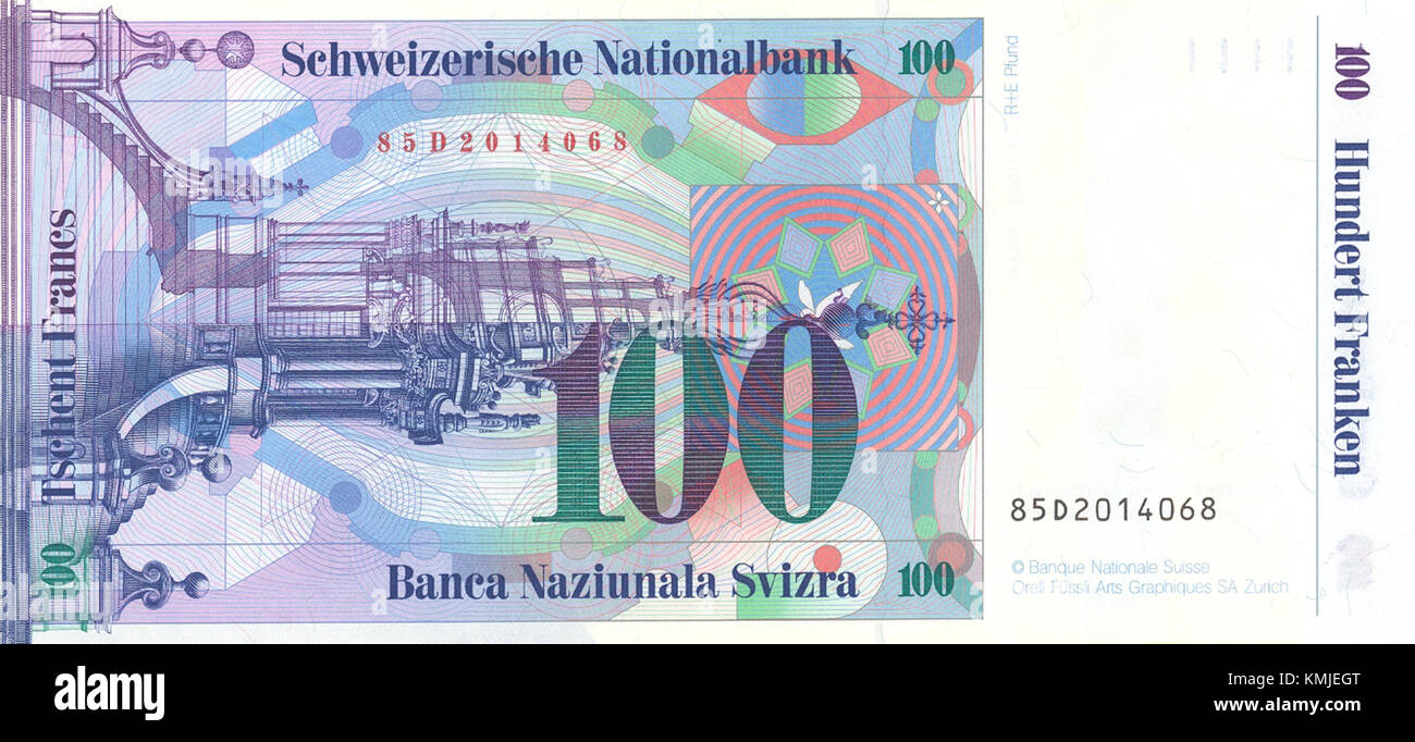 CHF100 7 retour horizontal désigne un format ou un dessin spécifique associé à un billet de banque CHF100, indiquant probablement le positionnement des éléments sur le dos du billet. Banque D'Images