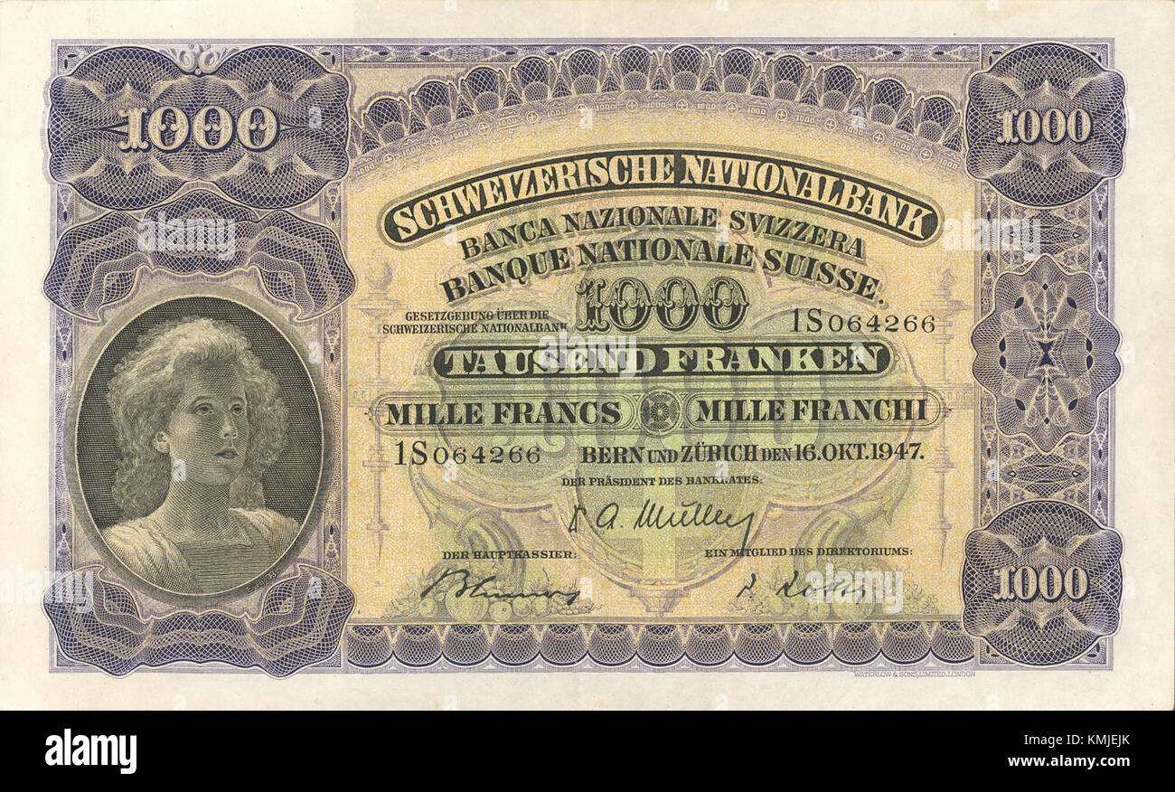CHF1000 2 avant horizontal fait probablement référence à une dénomination de monnaie suisse, montrant la vue de face d'un billet de 1000 francs suisses. Banque D'Images