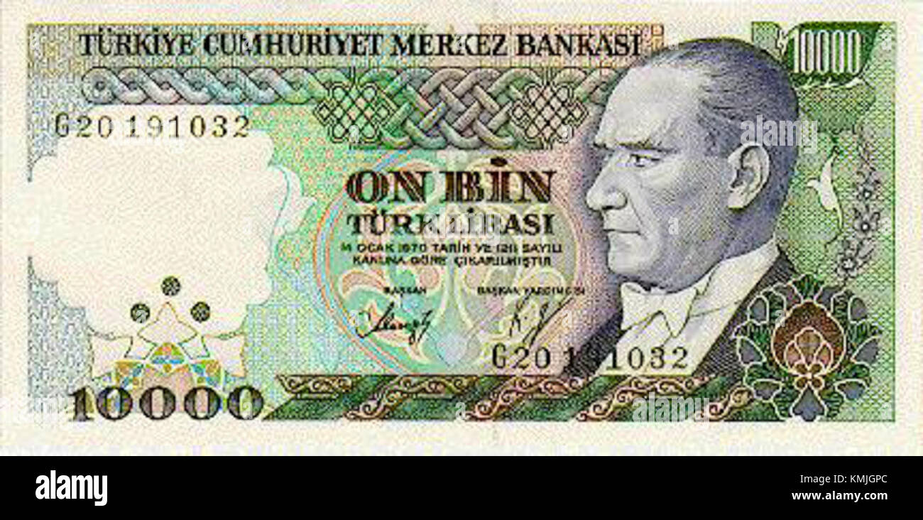 L'avers du billet de 10 000 en lire turque présente d'importants symboles nationaux et personnages historiques. Il fait partie de la série de devises modernes de la Turquie et reflète l'histoire économique du pays. Banque D'Images