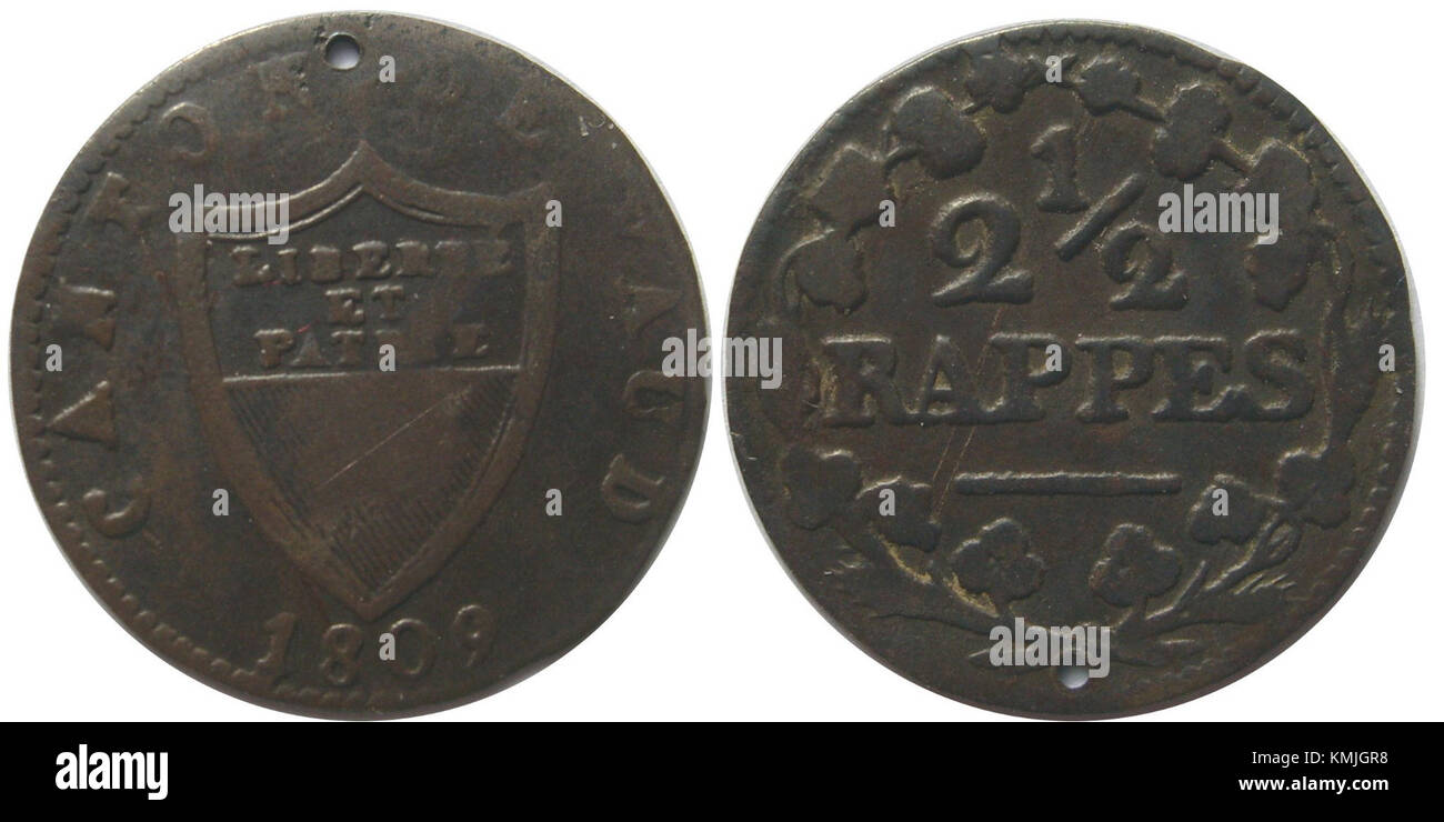 Monnaie suisse historique, la demi-pièce de Vaud à 2 rappes, émise en 1809, utilisée au début du XIXe siècle pour le commerce et les transactions locales. Banque D'Images