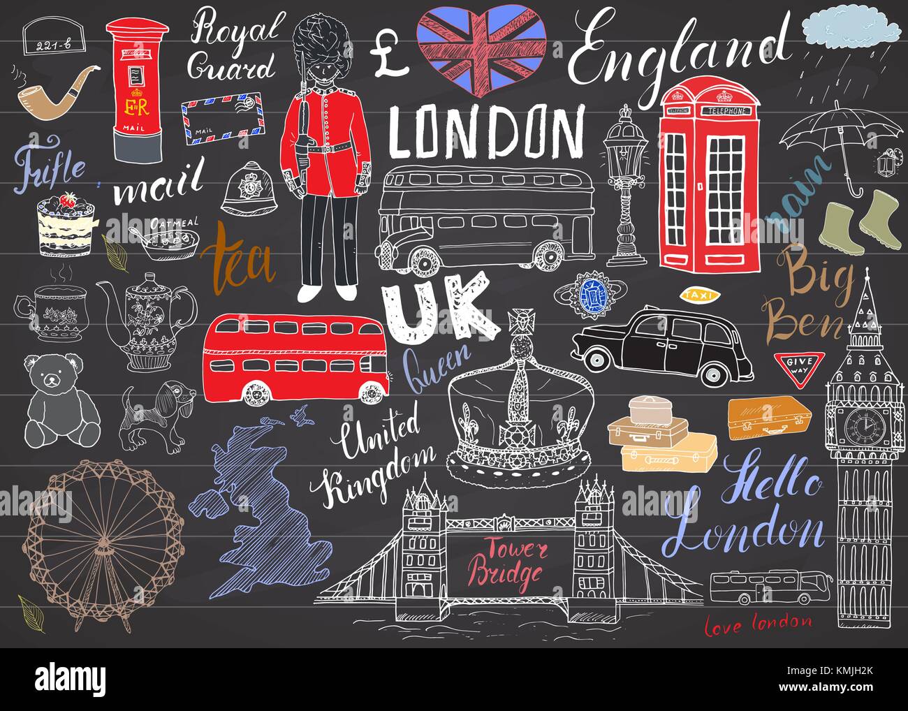 London city doodles collection d'éléments. hand drawn ensemble avec, Tower Bridge, couronne, Big Ben, garde royale, bus rouge, uk la carte et drapeau, théière, lettrage, Illustration de Vecteur