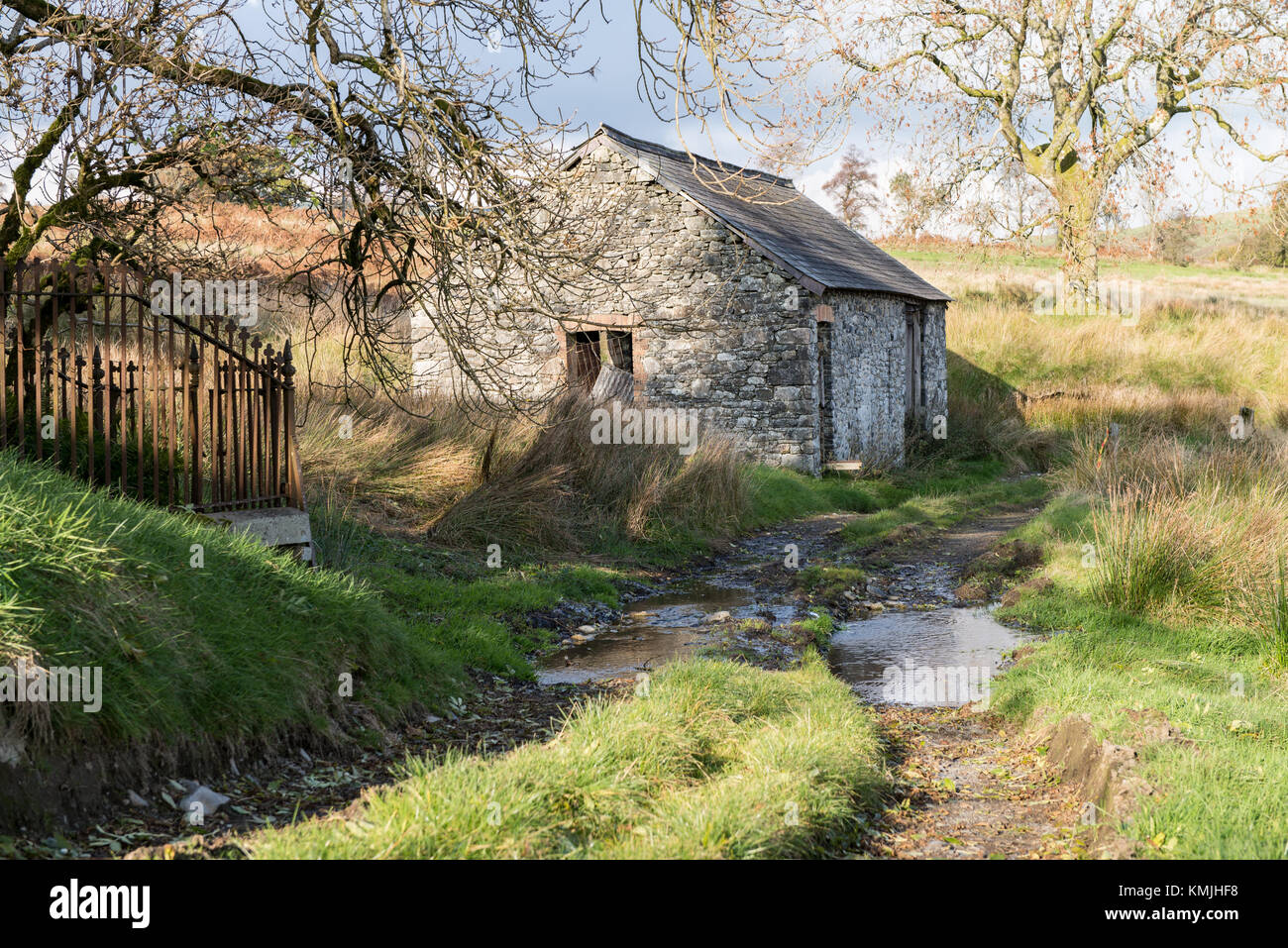 Le paysage, y compris vieille grange, Llanwrtyd Wells, Powys, Pays de Galles. UK. Banque D'Images