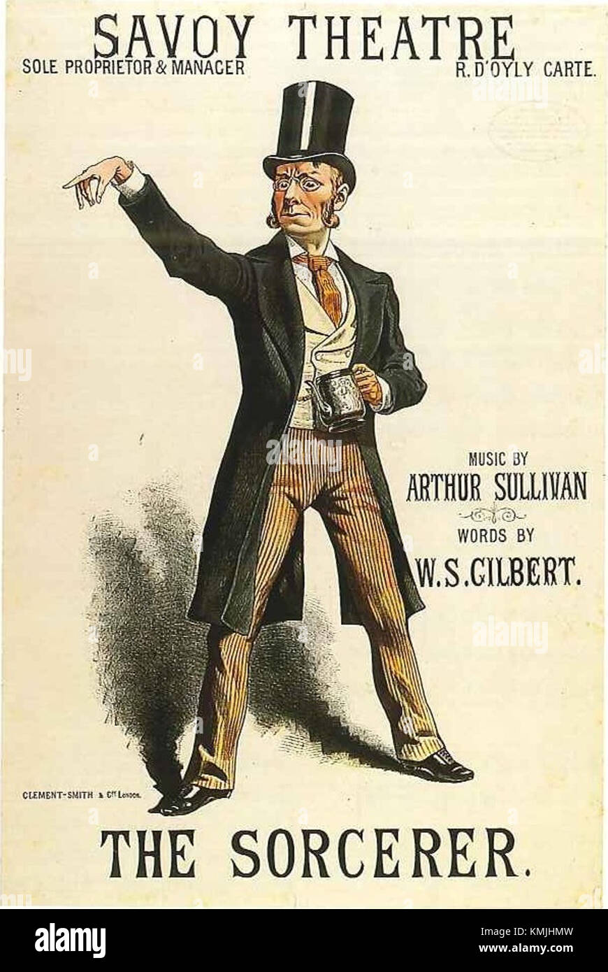 L'affiche de *The Sorcerer*, un opéra comique de Gilbert et Sullivan, met en vedette J. W. Wells, un personnage clé de la reprise de la production en 1884. L'opéra était connu pour son intrigue fantaisiste et sa musique engageante, partie des œuvres populaires du duo. Banque D'Images