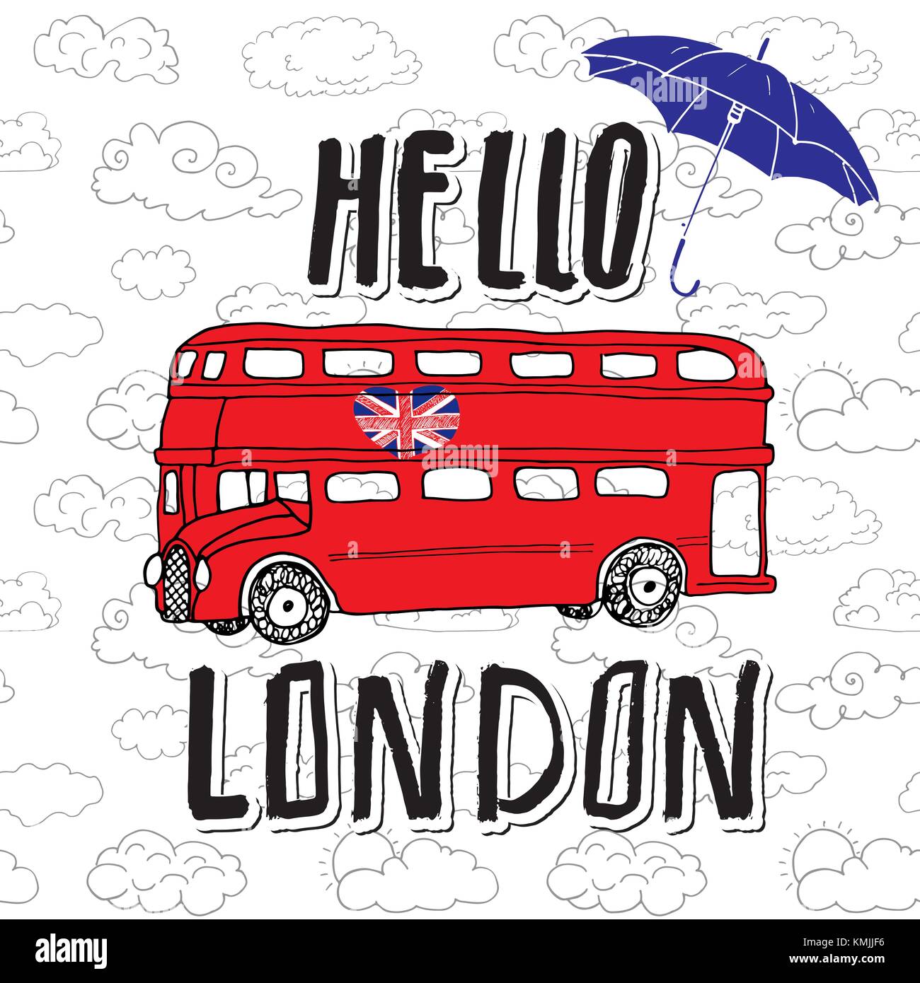 Bonjour Londres lettrage main signe avec parapluie, red bus et united kingdome drapeau en forme de coeur, sur contours nuages de fond vector illustration. Illustration de Vecteur
