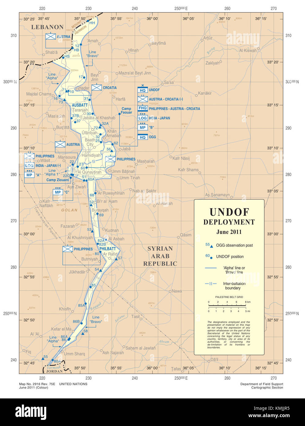 Cette carte montre le déploiement de la Force des Nations Unies chargée d'observer le dégagement (FNUOD) en juin 2011. La FNUOD surveille le cessez-le-feu entre Israël et la Syrie dans la région des hauteurs du Golan. Banque D'Images