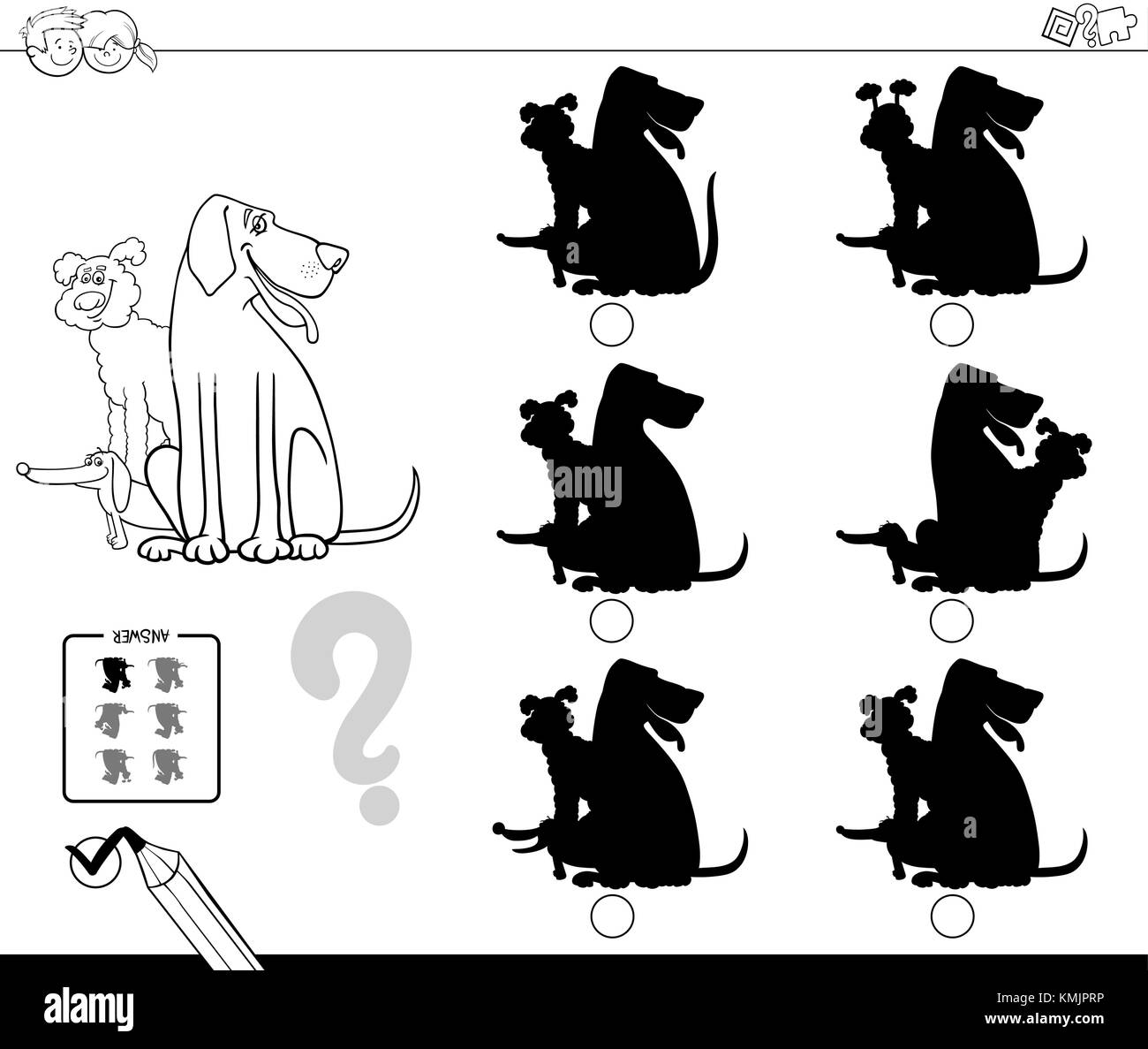 Cartoon noir et blanc illustration de la recherche de l'ombre sans différences activité éducative pour les enfants avec des animaux chiens coloriage personnages Illustration de Vecteur