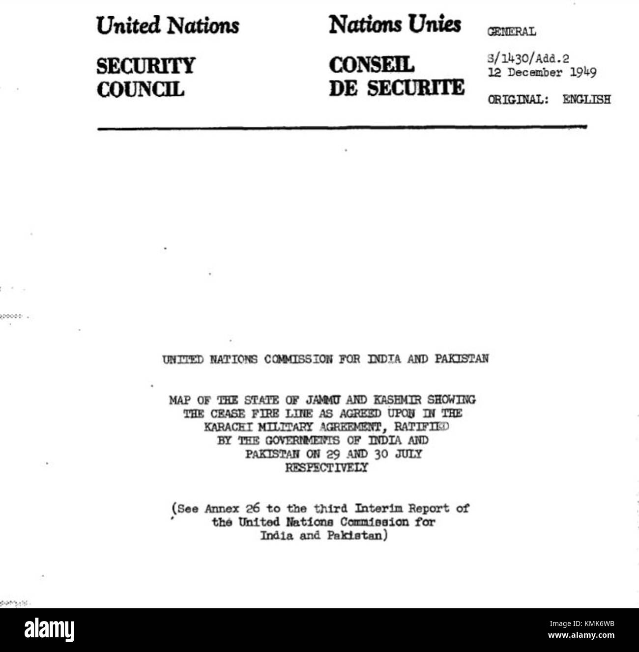 Page 1 - CFL comme indiqué sur la carte des Nations Unies vers Accord de Karachi 1949 Banque D'Images