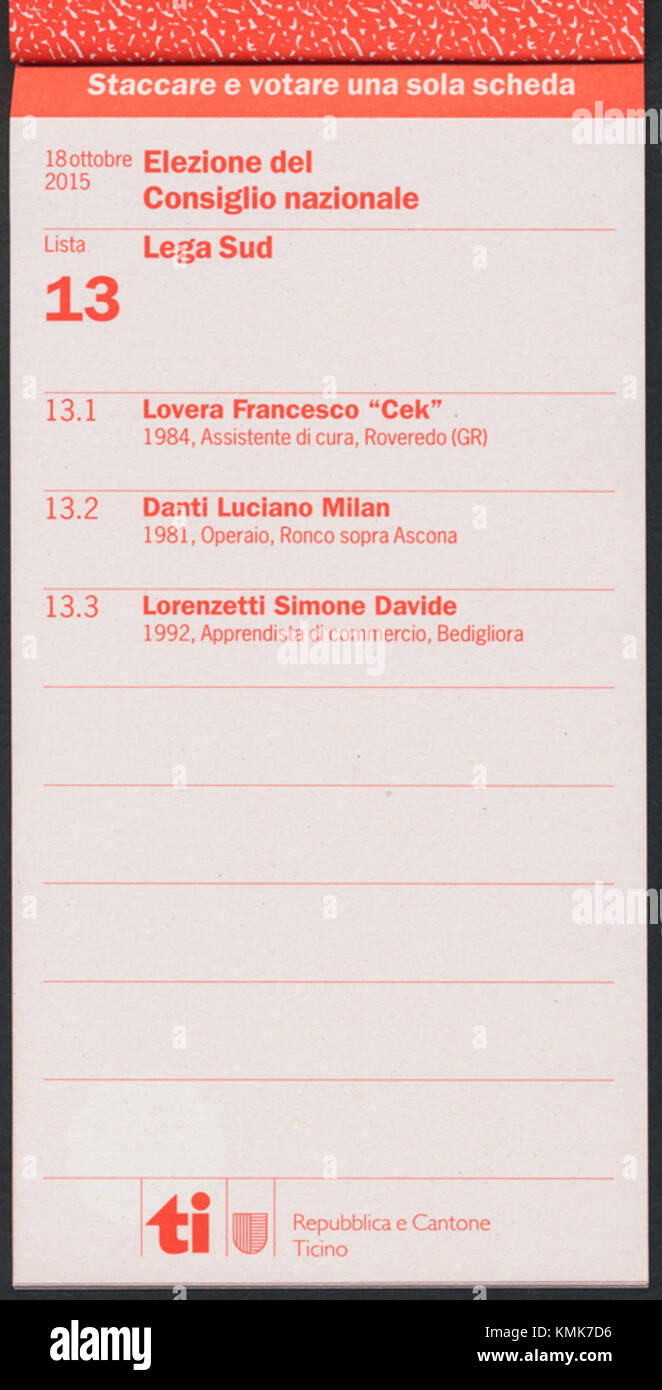 Ce document, intitulé 'Scheda 13', issu des élections CN Ticino Lega Sud de 2015, décrit les résultats du scrutin régional et le paysage politique dans le canton suisse du Tessin. Banque D'Images