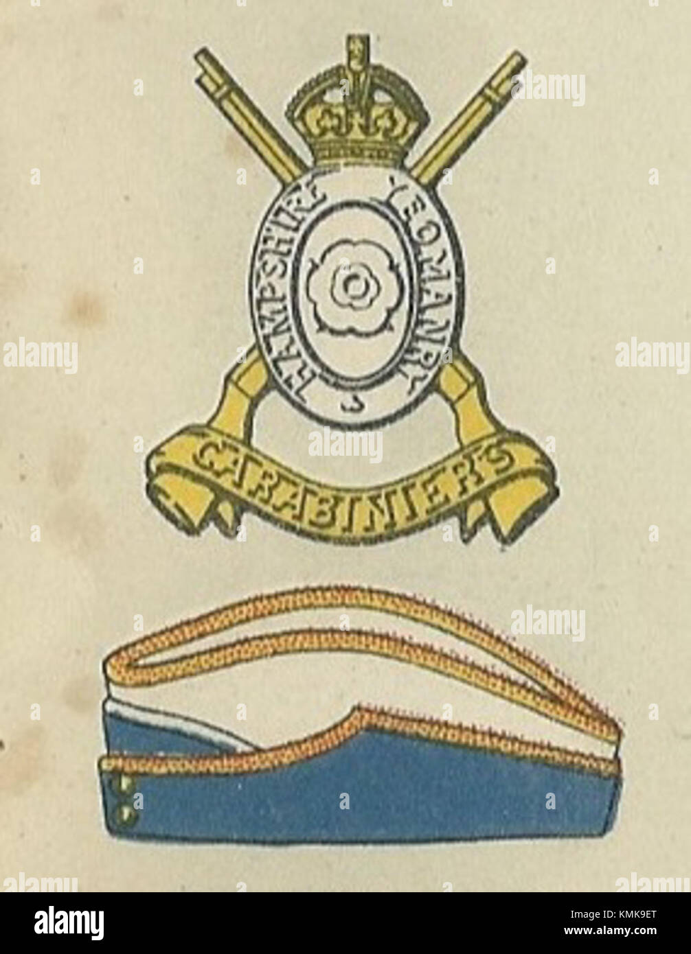 L'insigne des carabiniers du Hampshire et la casquette de service représentent les régalia militaires portés par les membres de la cavalerie britannique. Les articles sont importants dans le contexte de l'histoire militaire et des traditions du régiment des Carabiniers. Banque D'Images