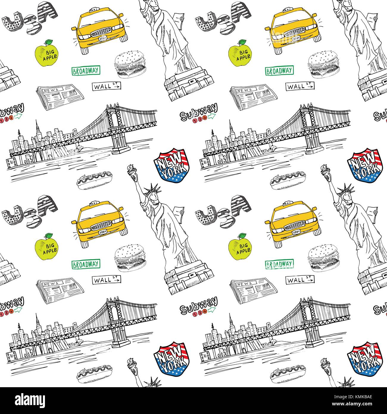 New york city modèle transparent avec des croquis taxi, hot-dog, hamburger, statue de la liberté, presse, manhatan bridge. dessin vecteur doodle illus Illustration de Vecteur