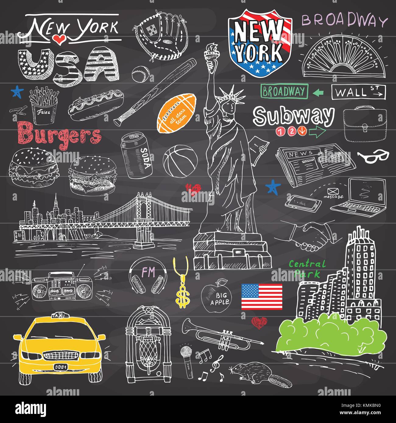 New york city doodles collection d'éléments. hand drawn ensemble avec, taxi, café, hot-dog, hamburger, statue de la liberté, broadway, musique, café, presse, m Illustration de Vecteur